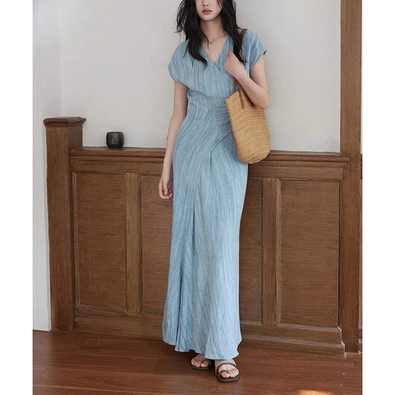 SI TONG 2025 仿炒色肌理短袖连衣裙女通勤大气简约气质裙子