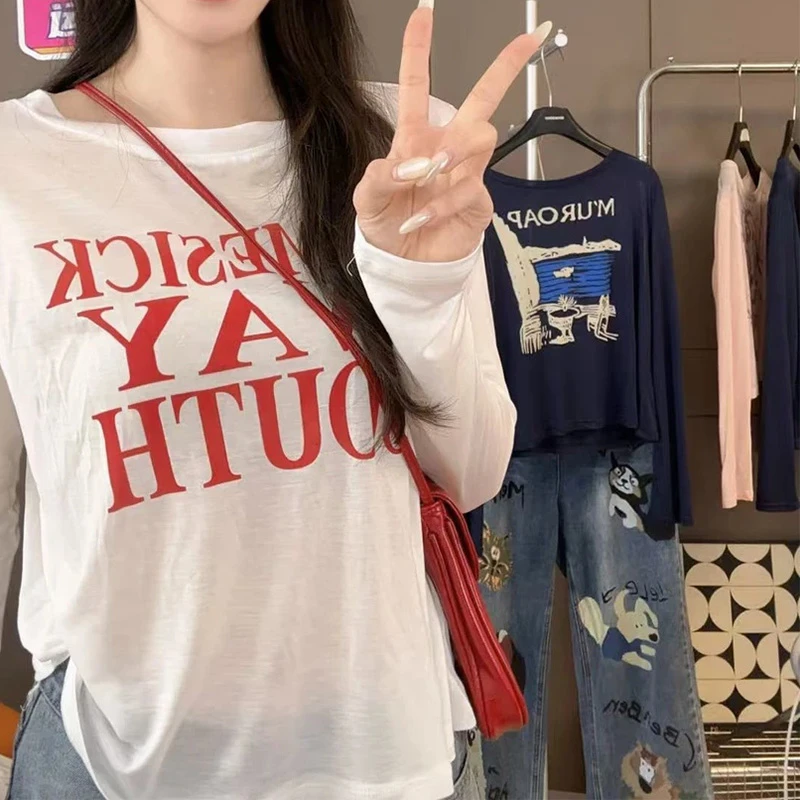 日系慵懒超好看长袖T恤女2025新款夏季防晒字母印花防紫外线上衣