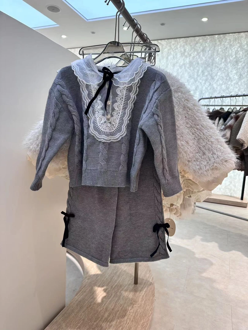 【恩姐定制】冬季童装女童百搭气质儿童蕾丝针织绑带套装EN25746