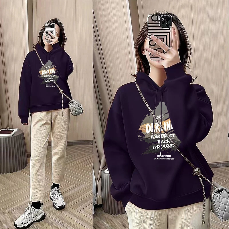 即墨加绒加厚连帽卫衣女士秋冬季新款胖妹妹宽松休闲长袖套头外套