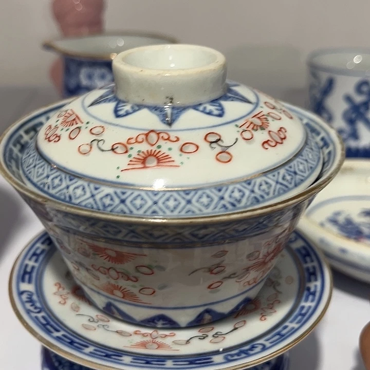 马***客摆件景德镇陶瓷青花盖碗1套