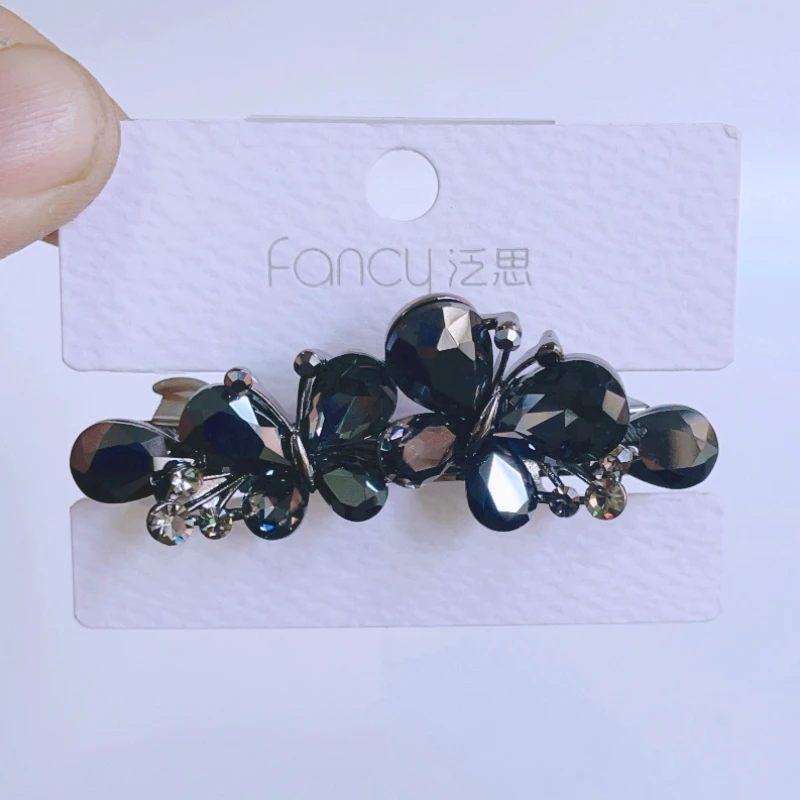 矿黑水晶蝴蝶夹子头饰后脑勺半扎发夹妈妈气质发卡一字夹弹簧夹