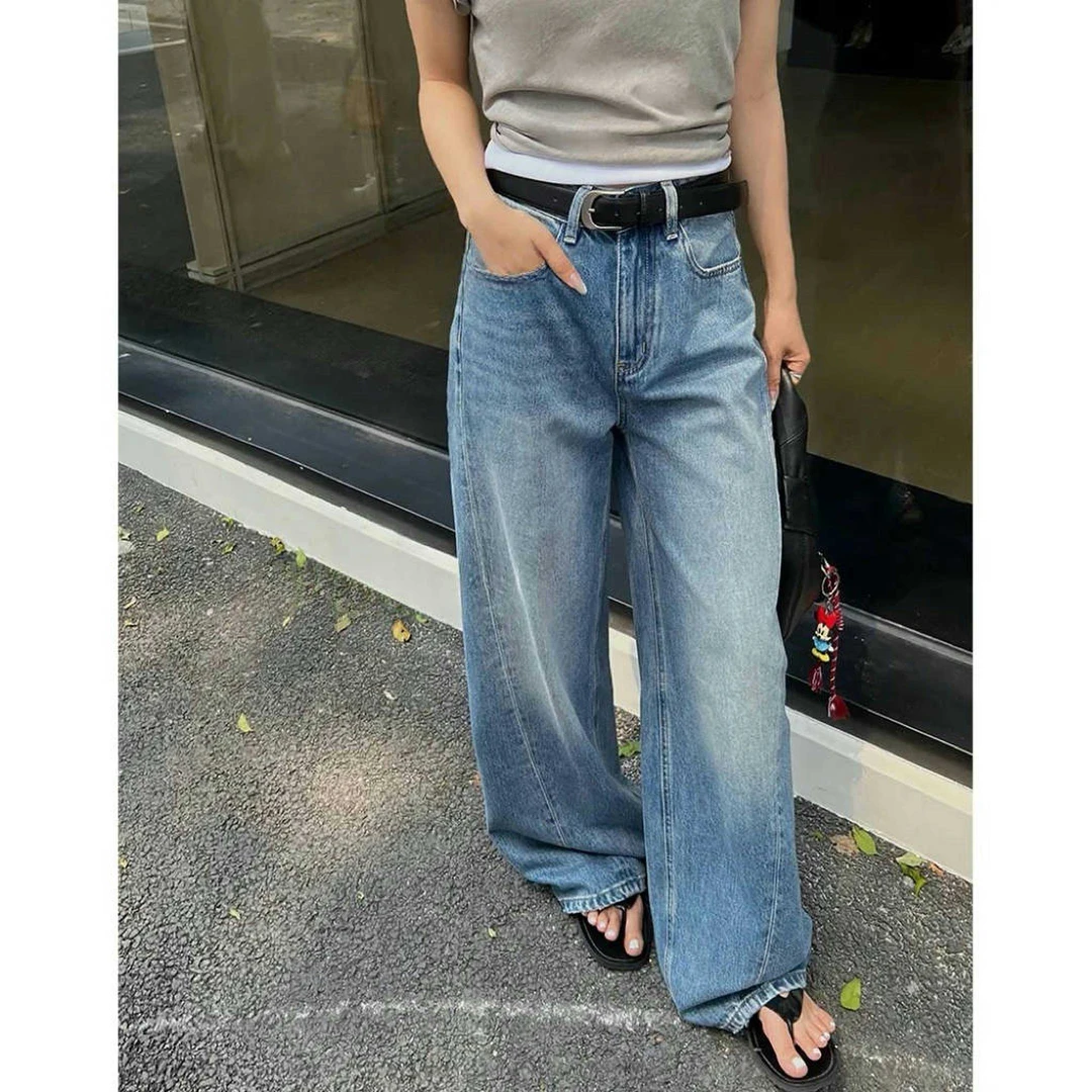 8067露露阔腿裤牛仔裤夏季高腰拖地裤设计感港风复古拖地女裤