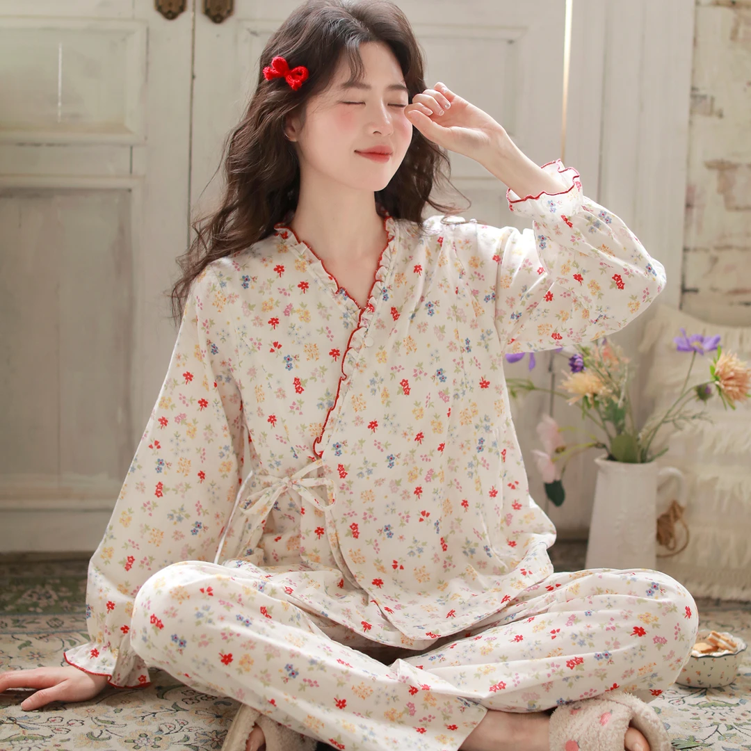 『彩色碎花』带胸垫富朵夏季月子服纯棉纱布孕妇睡衣产后哺乳家居服