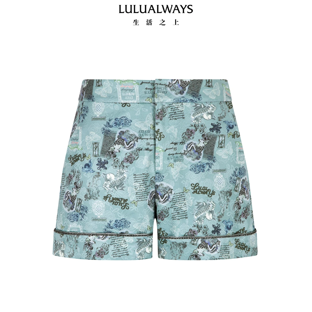 LULUALWAYS我爱露露25夏季新款复古休闲艺术多元印花显瘦宽松短裤