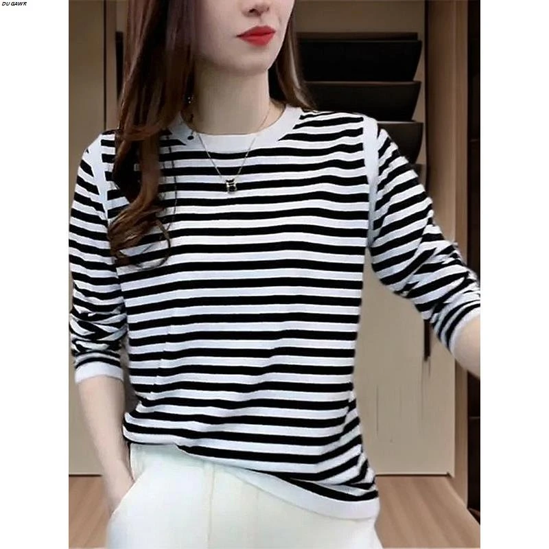 韩版时尚纯棉条纹长袖t恤女秋季新款气质减龄宽松圆领打底衫上衣