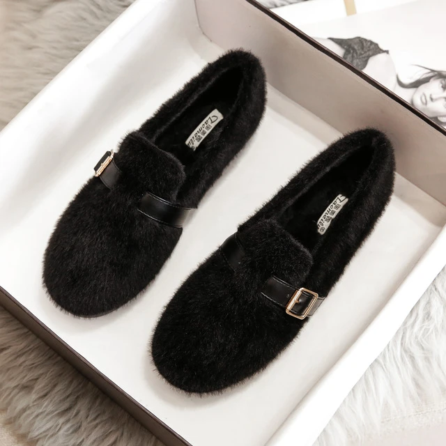 毛毛鞋女秋冬外穿厚底小码豆豆鞋女加绒保暖兔毛棉瓢鞋大尺码41到