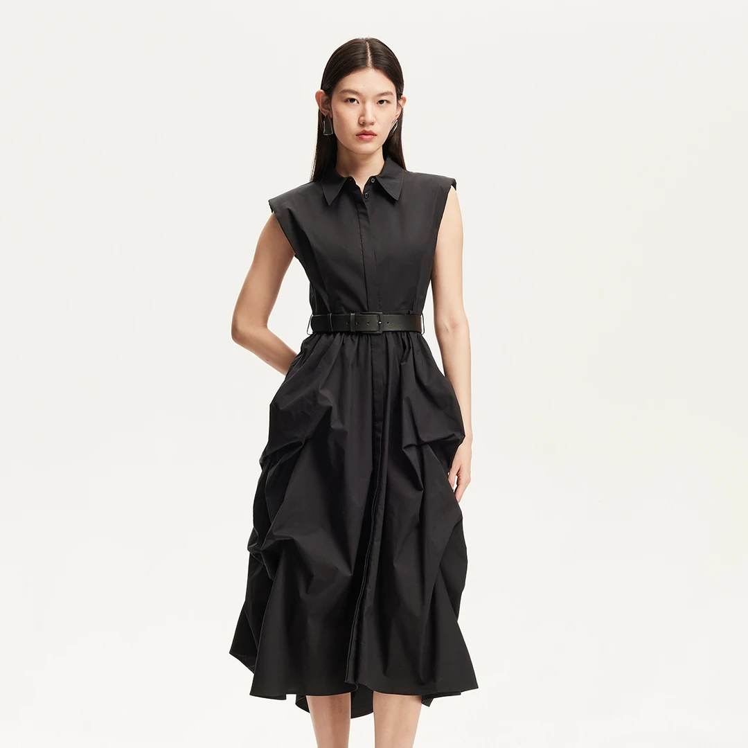 Vero Moda连衣裙女25夏日穿搭褶皱裙摆薄垫肩收腰老钱风3252SZ001