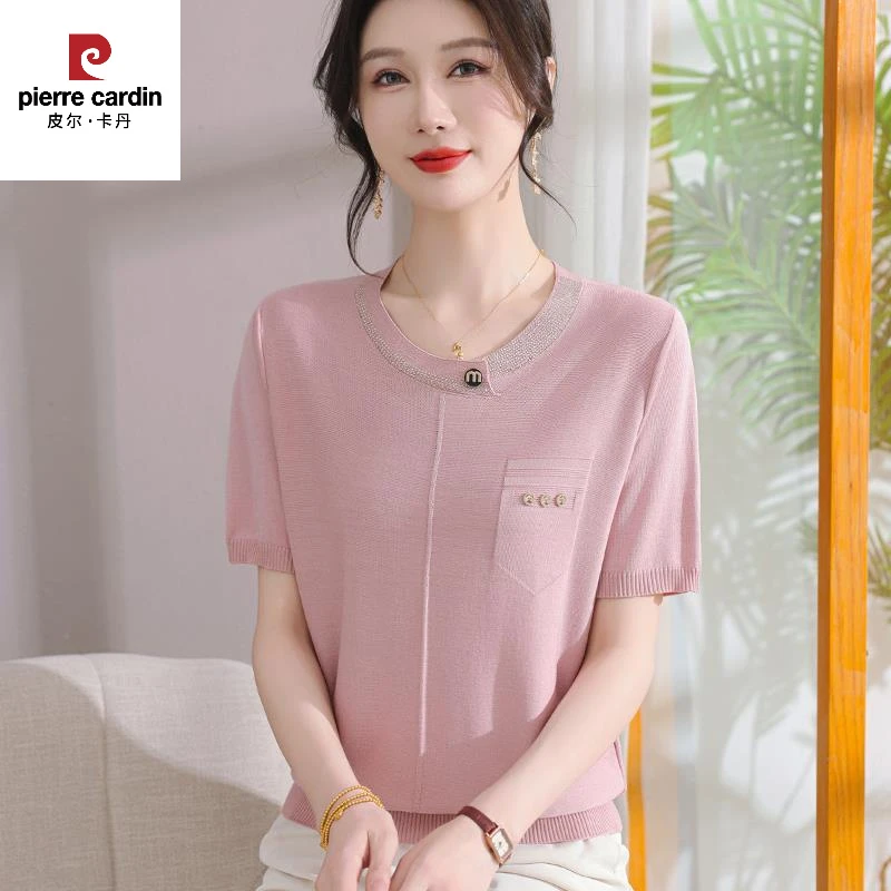 皮尔卡丹妈妈夏装新款百搭短袖T恤时尚圆领套头小衫中老年女薄款