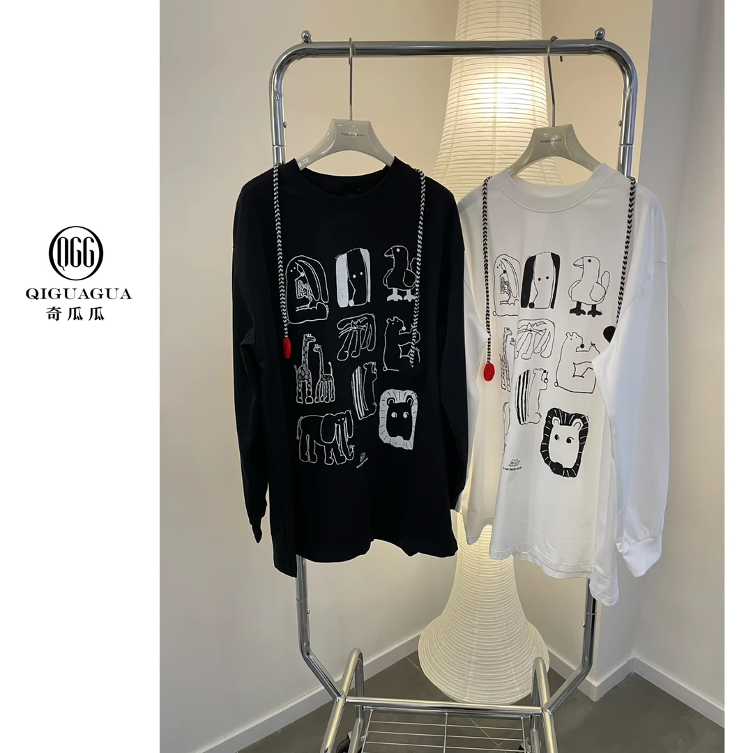QGG· 大码巨好看的慵懒风趣味卡通印花防晒罩衫长袖T恤