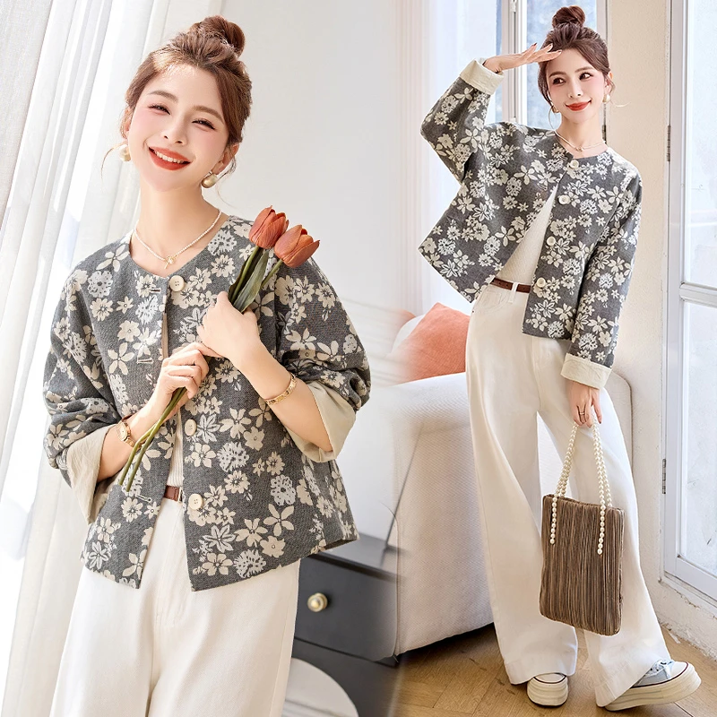 新中式印花棉麻短外套女2025春季新款高级感国风圆领减龄显瘦上衣