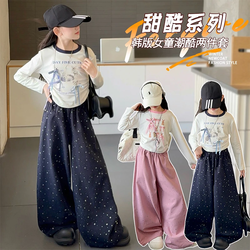 2025新款女童卡通风印花韩版套头休闲风套装女孩时尚多巴胺穿搭
