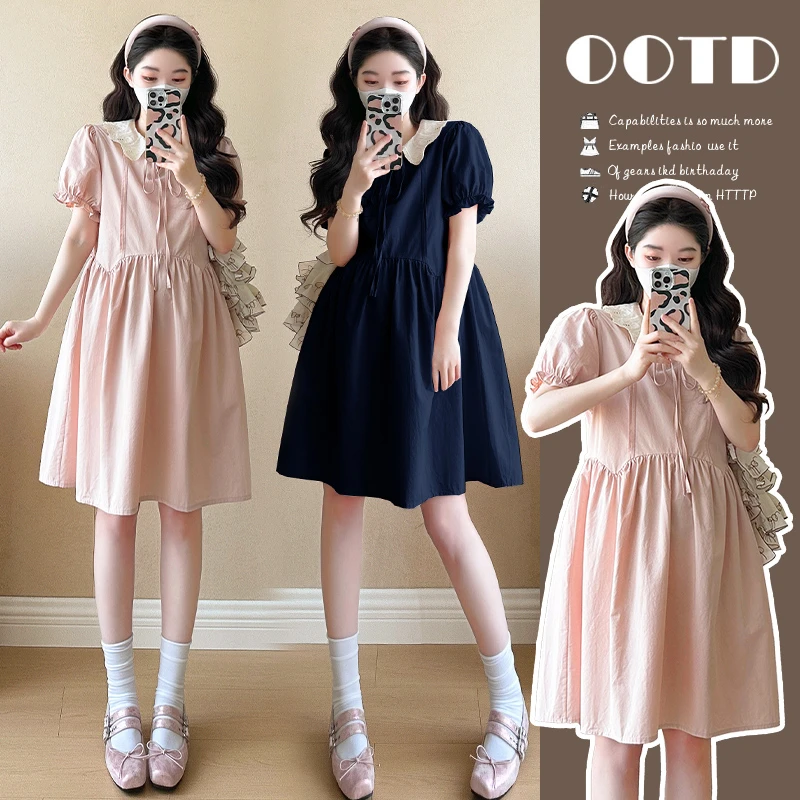 孕妇装夏装2025新款夏季甜美娃娃领蕾丝花边时尚显瘦孕妇连衣裙