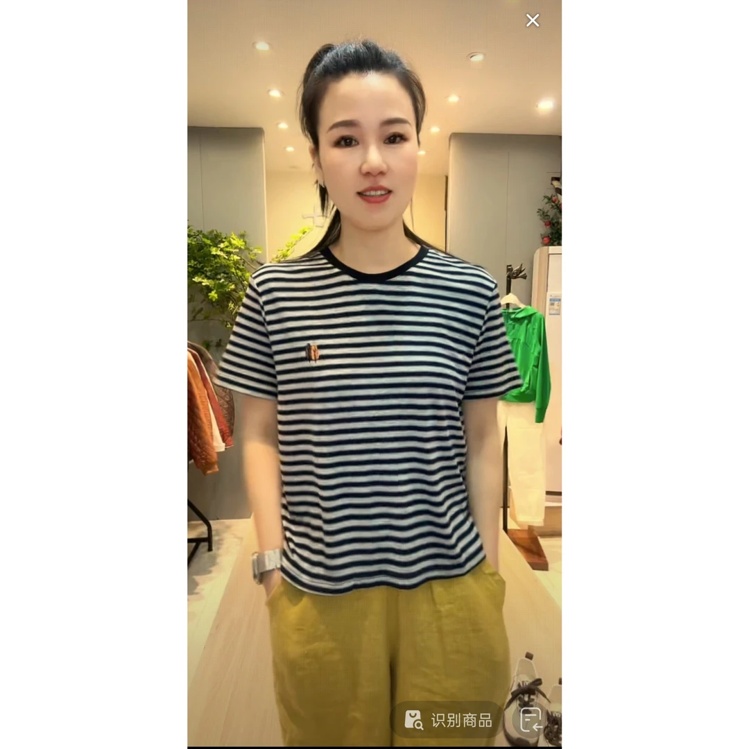 【七彩衣新品】1766时尚正品色织条纹短袖圆领休闲T恤 衣长54