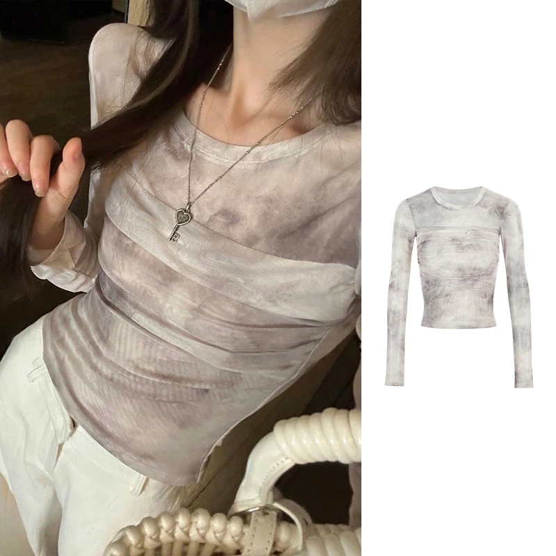 Moses Queen/魔西女王水墨画晕染设计感长袖T恤微透性感抽褶上衣