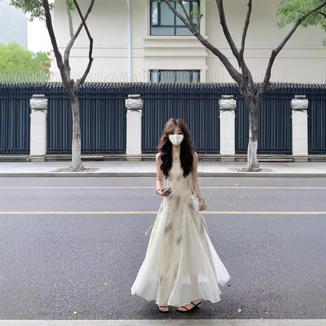 新中式中国风复古水墨吊带连衣裙女夏季新款拼接收腰大裙摆长裙子