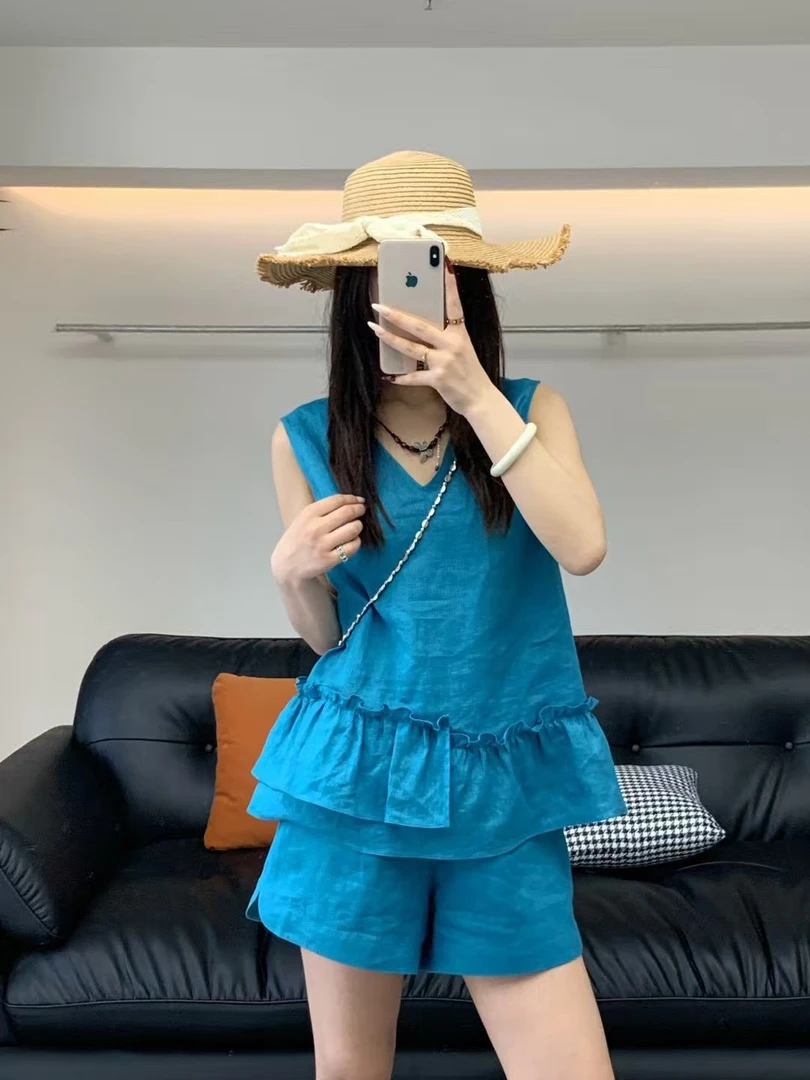 欧货正品设计感V领荷叶边亚麻无袖背心短裤时尚套装
