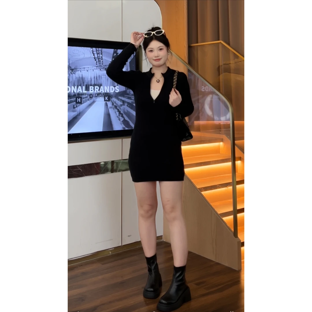 （现现款）周周微胖定制~修身针织长袖收腰显瘦裙加绒连衣裙W0837L