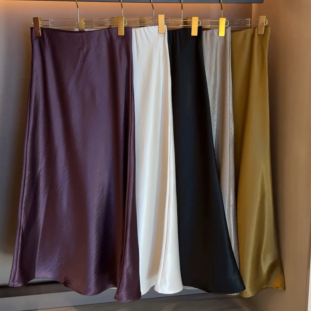 Lillieee-流光曲线 极简风醋酸纯色高腰垂感珠光气质轻奢半裙