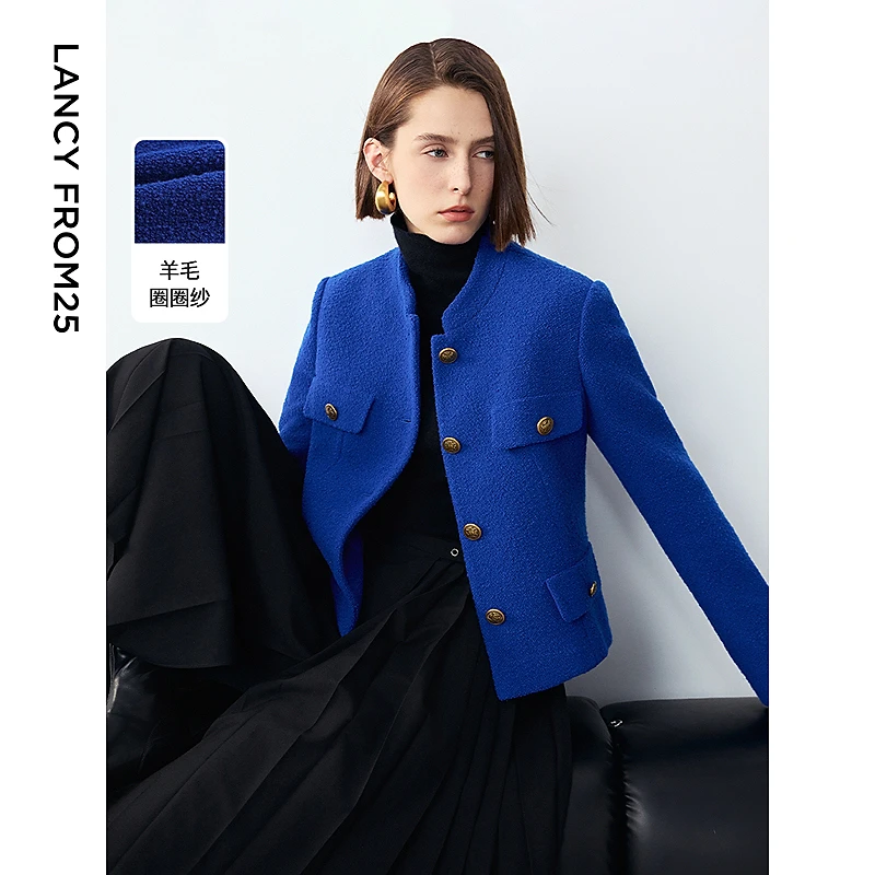 朗姿羊毛复古高级感新款法式小香风短款设计感蓝色短外套