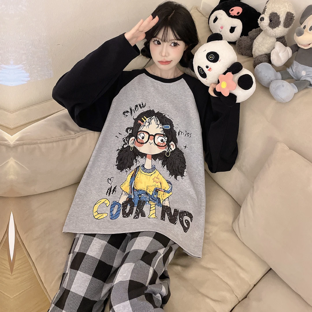 宽松版女士纯棉睡衣秋冬季100%棉加肥加大码卡通少女款胖mm家居服