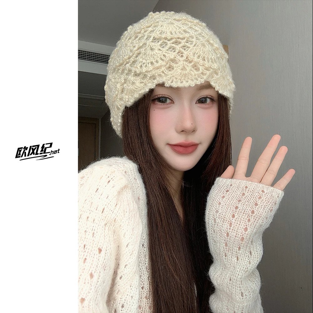 韩系手工钩花镂空马海毛针织毛线帽子女秋冬季保暖百搭包头帽冷帽