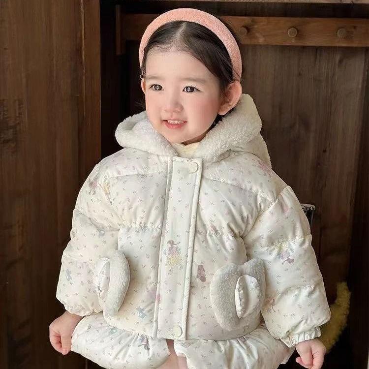 童装小兔耳朵公主风加厚中长款白鸭绒羽绒服