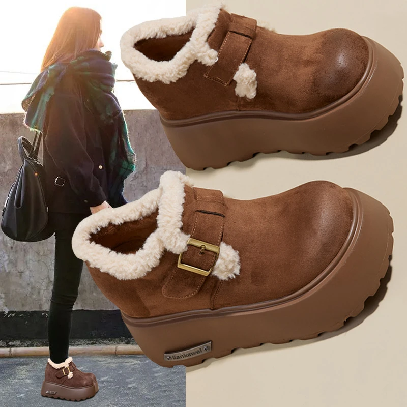女鞋毛毛鞋百搭厚底加绒加厚棉鞋秋冬松糕时尚休闲高跟圆头