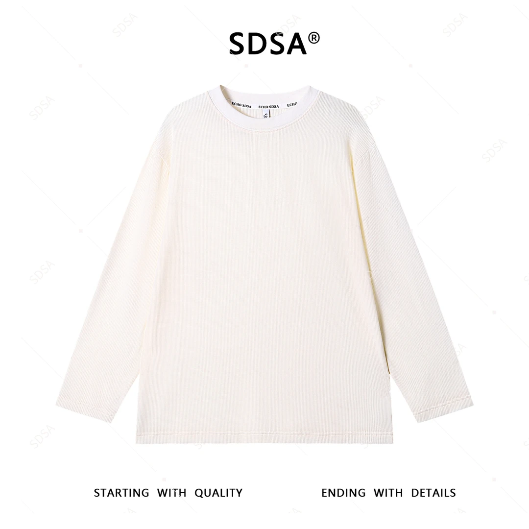 SDSA夏季新款男士痞帅简约纯色玉米格圆领长袖T恤百搭时尚上衣