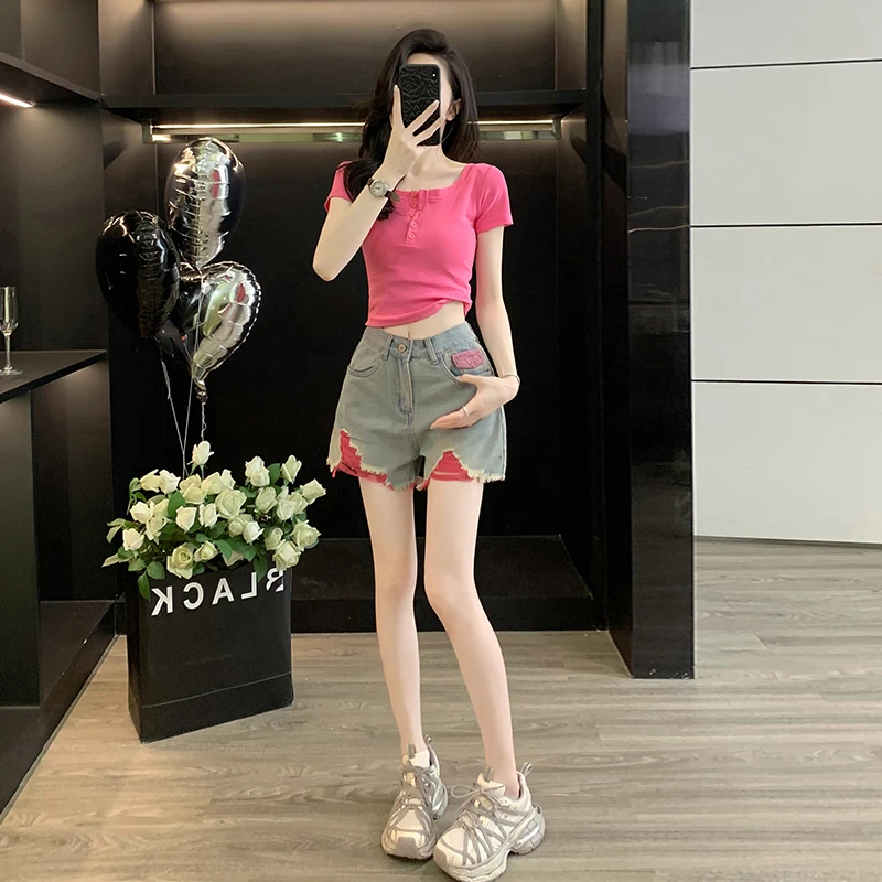 纯欲辣妹短袖T恤女夏短款正肩上衣甜辣风多巴胺破洞牛仔短裤热裤