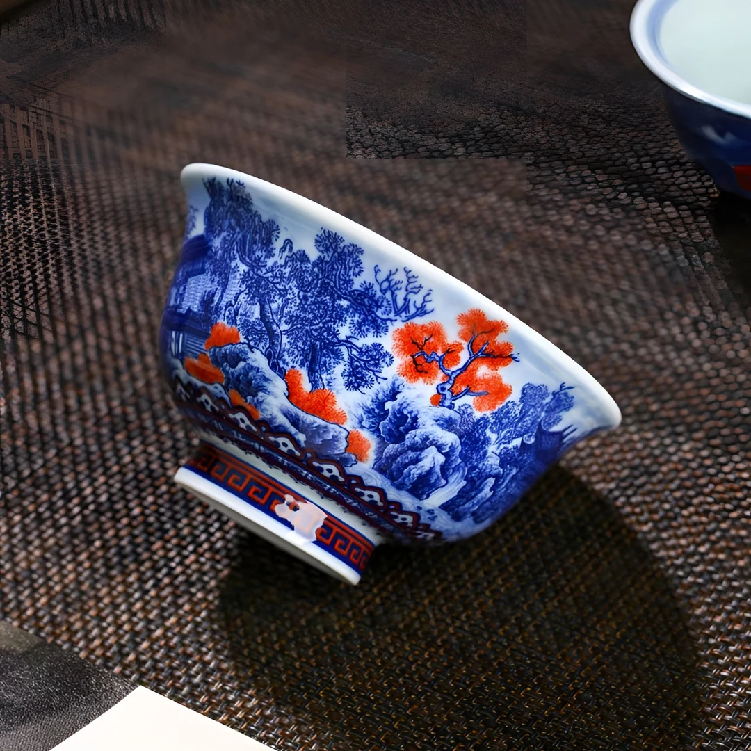 景德镇陶瓷手工高温瓷釉下彩主人杯青花山水釉里红江南胜景压手杯