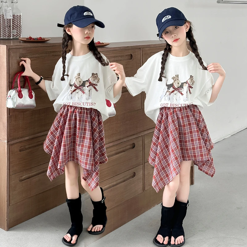女童夏季套装2025新款洋气儿童卡通短袖女孩夏装格子半身裙两件套
