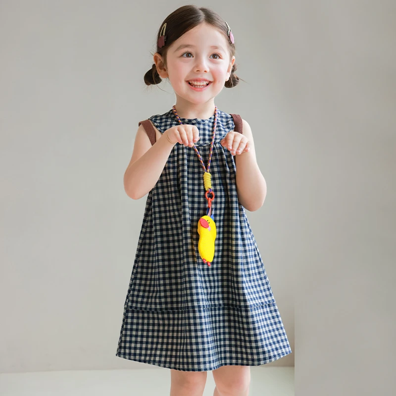 utouto大耳象女童格纹连衣裙2025夏季新款亚麻棉薄裙子2503498