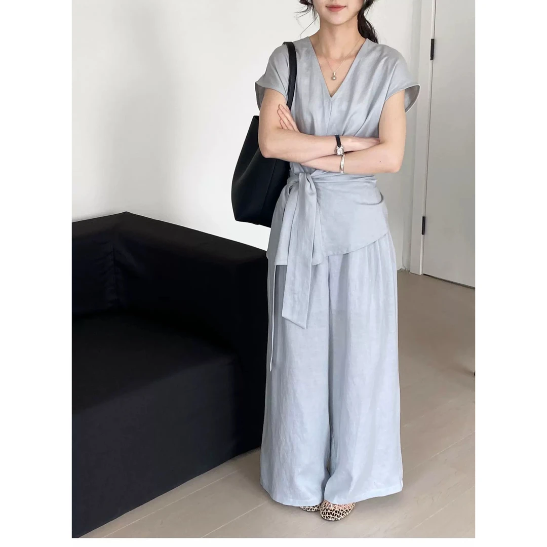 老钱风休闲短袖v领收腰系带上衣阔腿裤套装女2025夏季新款两件套