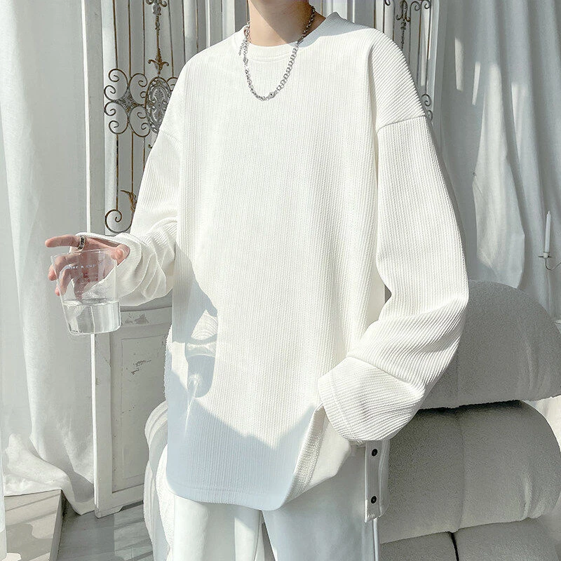 黑色圆领长袖纯色T恤男春秋肌理感情侣打底衫复古大码宽松T恤