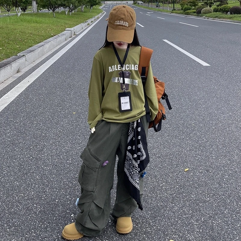 女童美式复古军绿色花朵刺绣工装裤春秋季新款设计感直筒阔腿裤潮