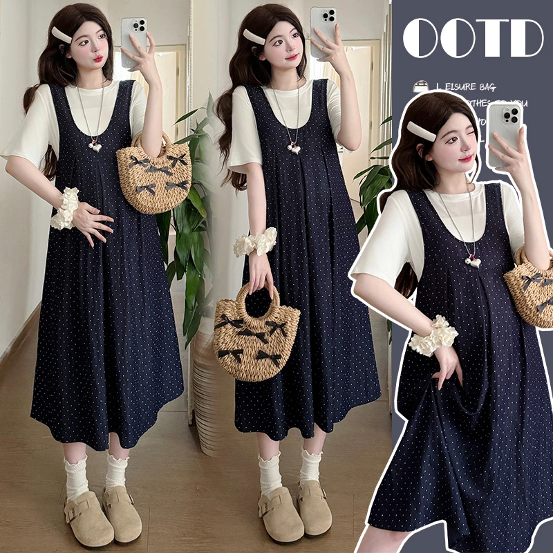 【小清家】2025夏季孕妇套装新款显瘦U领波点连衣裙韩版两件套A字裙