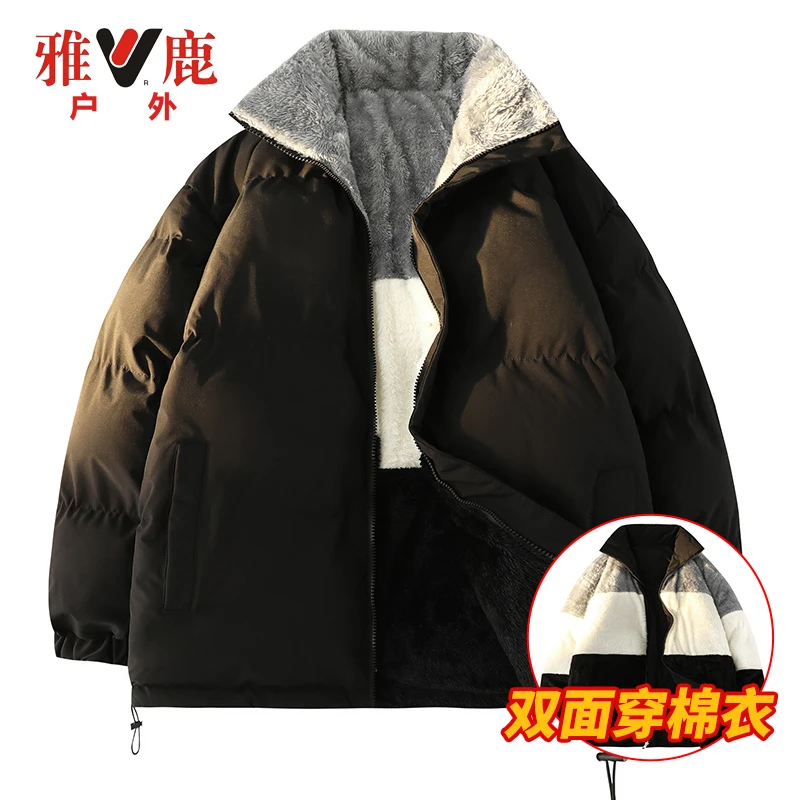 雅鹿户外新款加绒加厚款保暖双面穿棉衣棉服常规款宽松情侣潮同款