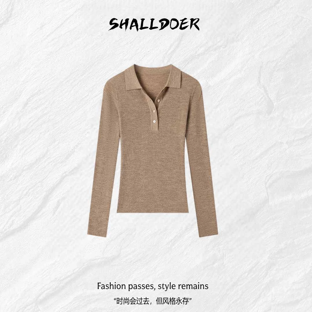 英伦风卡其色polo翻领长袖软糯针织衫女套头秋冬新款慵懒打底上衣