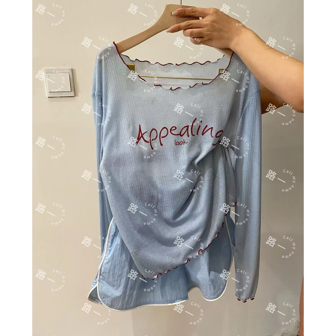 韩国代购.Call my name 保持态度蓝色拼接线防晒上衣L25052461