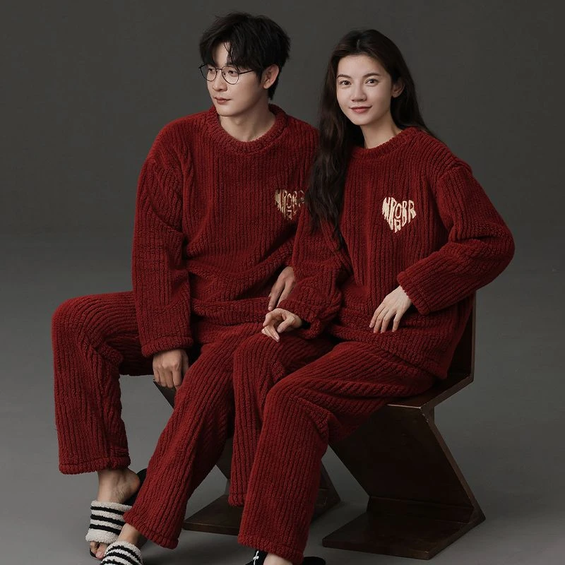 【范小懒】情侣睡衣女冬季加绒红色结婚男法兰绒睡衣家居服SC004