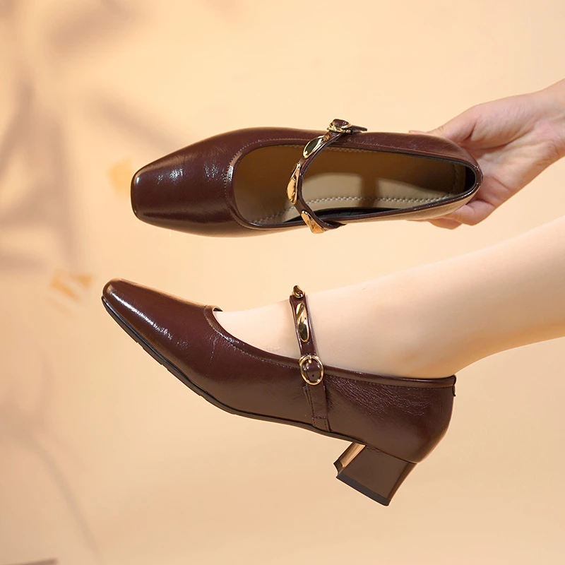 头层羊皮单鞋女2025春夏新款真皮女鞋粗跟百搭一字扣玛丽珍小皮鞋