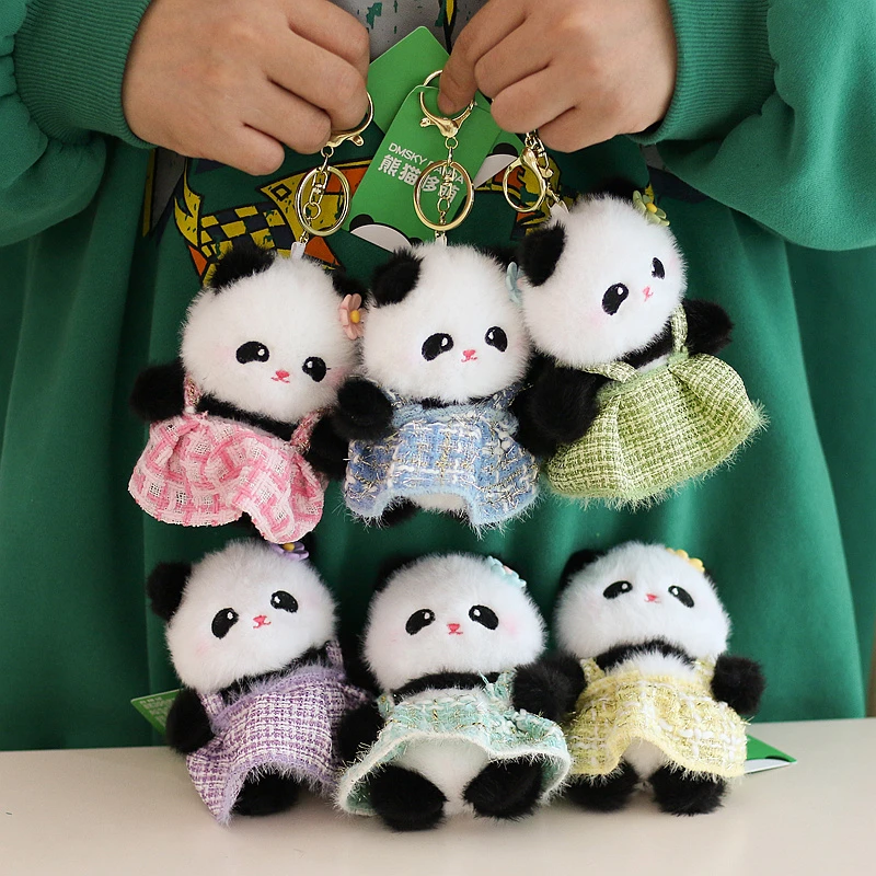 正版小香风裙子熊猫花花小挂件毛绒玩具公仔玩偶成都基地同款挂饰