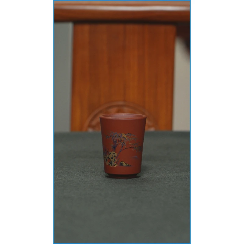 0072宜兴原矿大红袍手绘富竹天下主人杯紫砂