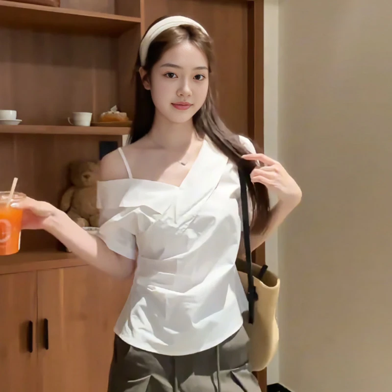 【8772】大码女装胖mm斜肩V领短袖衬衫夏季设计感收腰显瘦百搭上衣