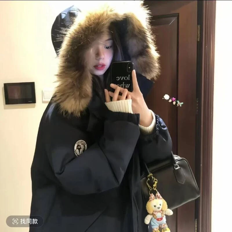 藏蓝色工装棉衣棉服女大毛领冬季高级感加厚韩系冬装外套