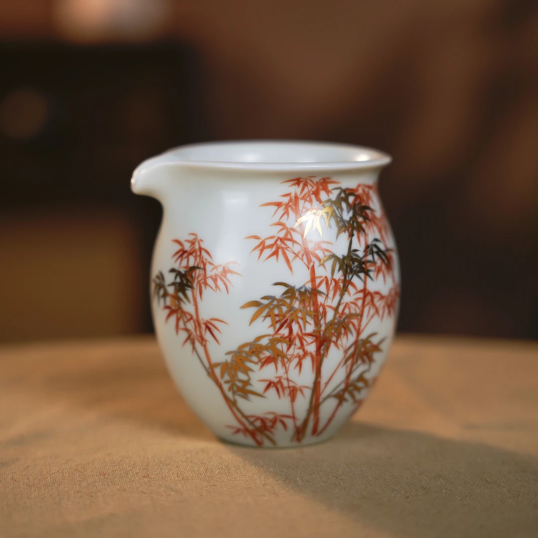 矾红金竹公道杯-纯手工手绘金竹公道杯