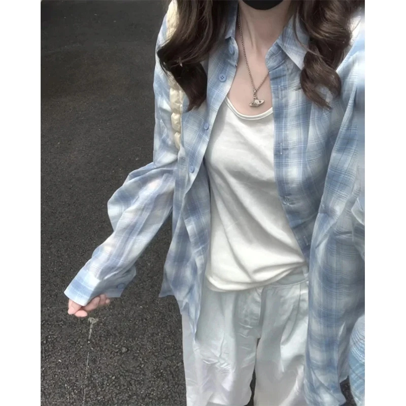 蓝色格子长袖衬衫男女款夏季薄款透气慵懒感衬衣情侣款休闲防晒服