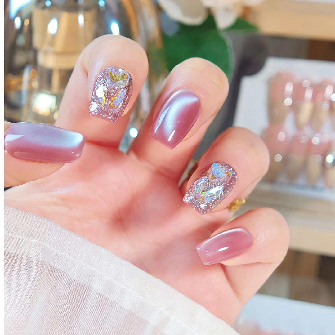 紫晶梦语-纯手工穿戴甲 C弧猫眼高级气质可爱轻奢闪亮镶钻10片装