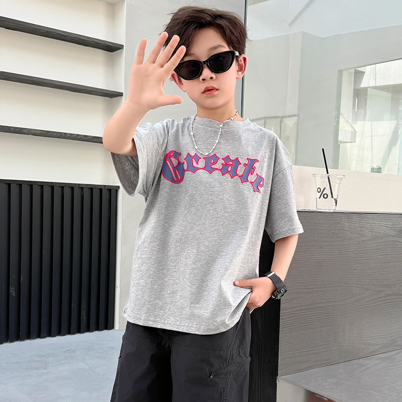 小喆童装小店2025夏季新款灰色字母印花T恤男女童百搭休闲短袖上